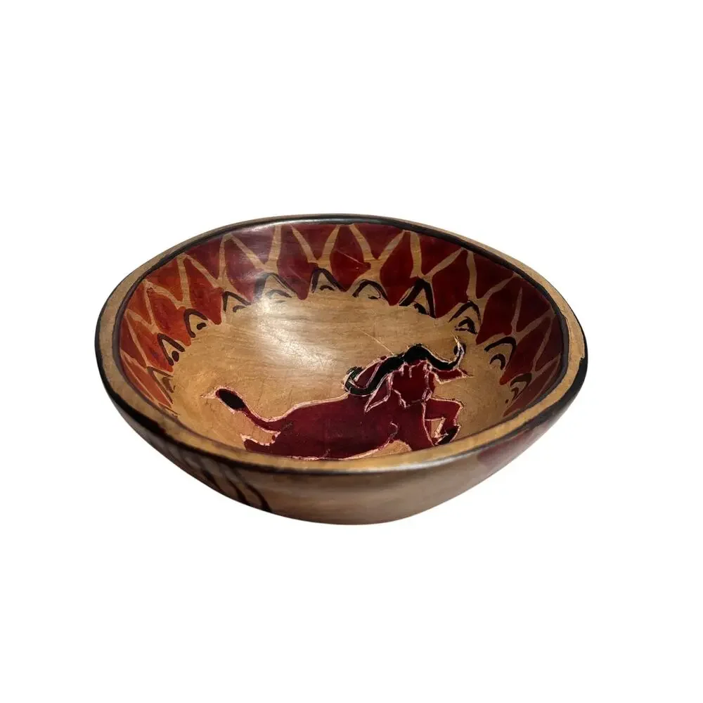 VTG Hand Carved Wooden Bowl‎ Charging Bull Folk Art Rustic Western Ranch Decor